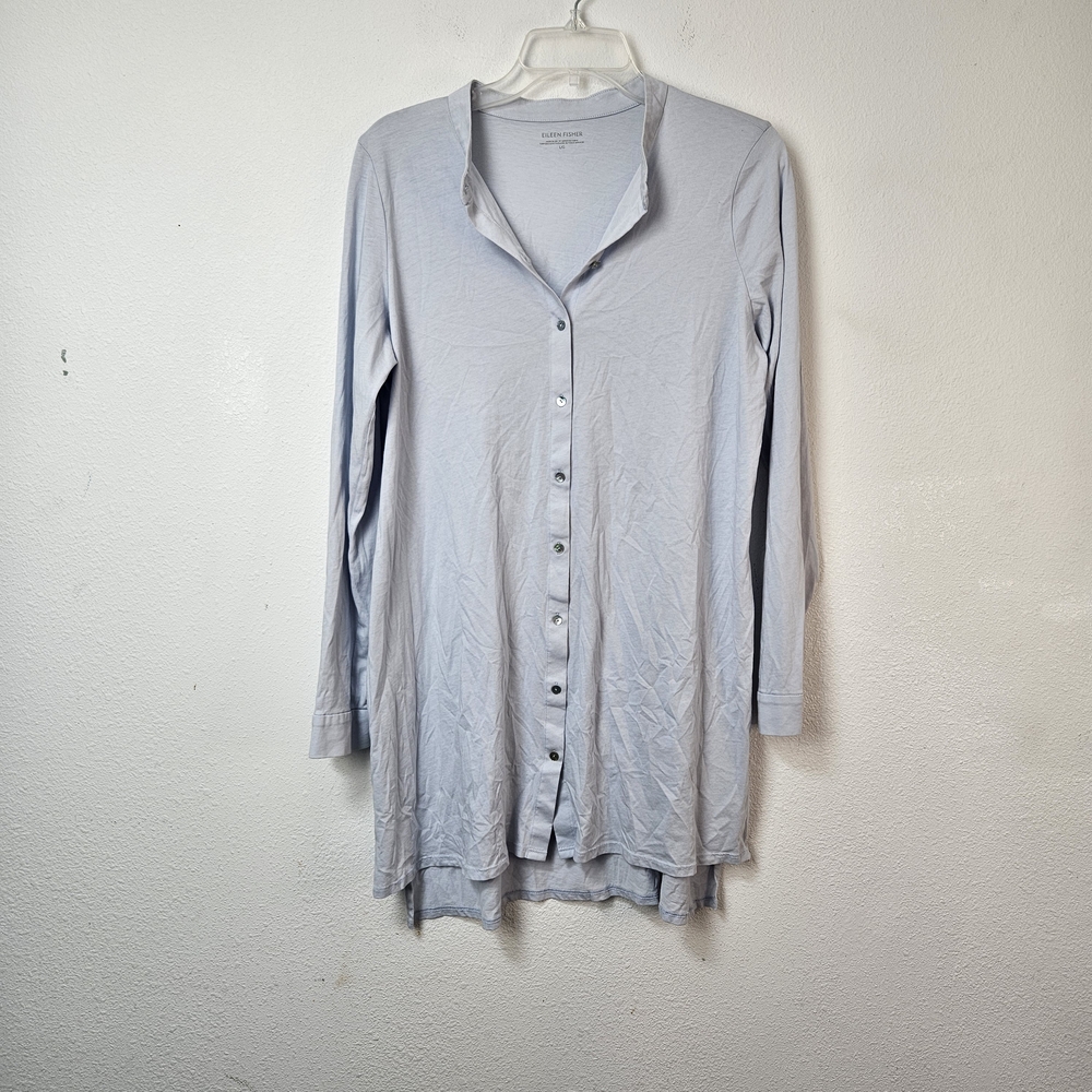 Eileen Fisher Organic Cotton Button Down Long Sleeve Top Size Large Light Blue